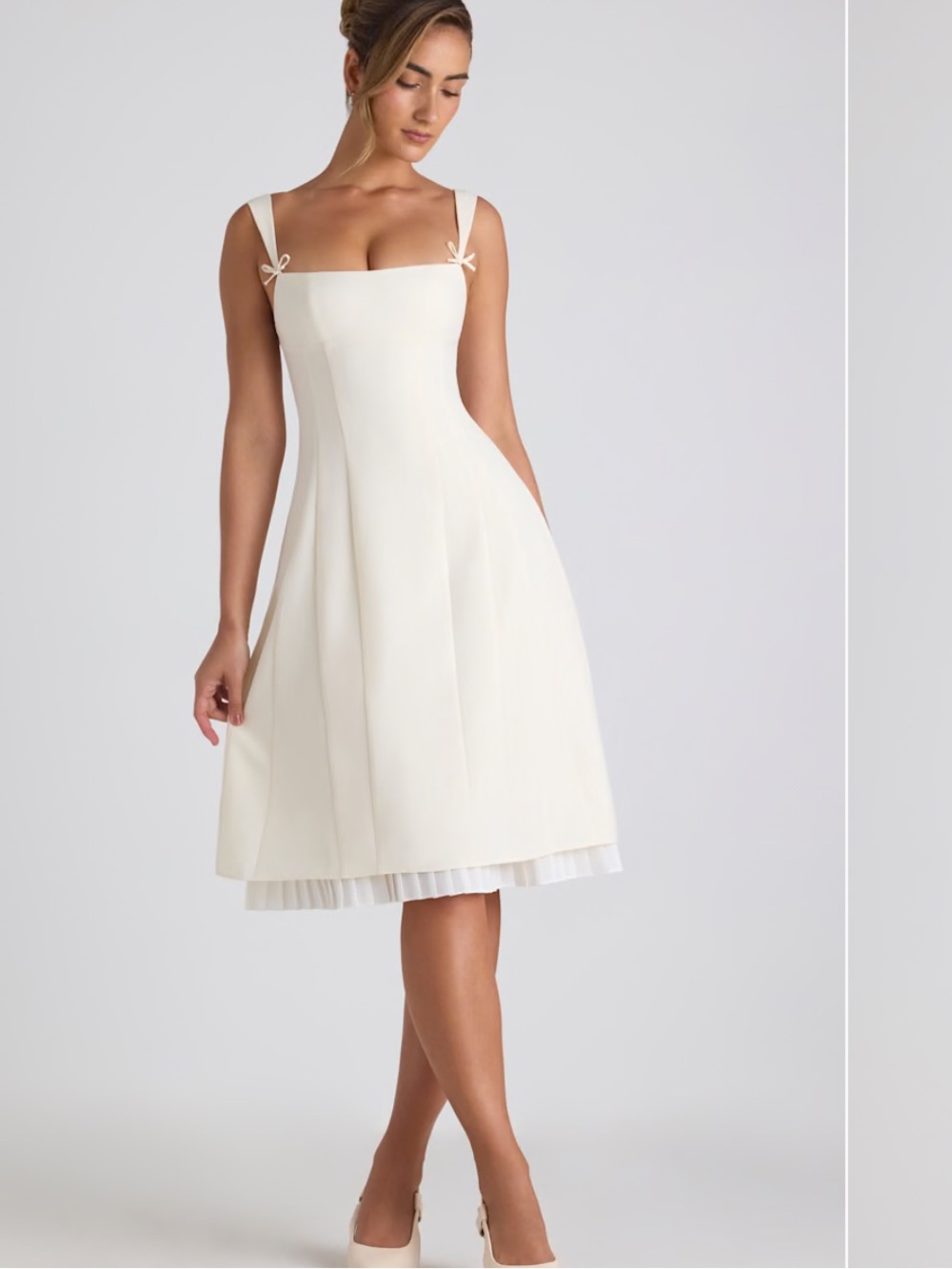Oh Polly Cream Square-Neck Midi Dress with Bow Straps